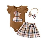 HEOXIN Ensemble Naissance Bebe Fille, Barboteuse à Manches Courtes à Volants Avec Motif Ours + Jupe à Carreaux + Bandeau, Tenues Dété pour Bébé Filles Vêtements Bébé Fille, Marron 0-3 Mois