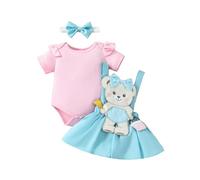 HEOXIN Ensemble pour Bébé Fille Combinaison + Robe à Bretelles Brodée D'un ours + Bandeau à Nœud, Combinaison à Manches Courtes et col Rond avec Imprimé ours, Robe A-line pour 6-9 Mois, Rose