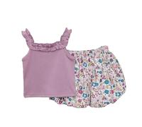 HEOXIN Ensemble pour Bébé Fille Nouveau-né Comprenant un Débardeur et un Short Fleuri à volants, Haut sans Manches à Volants, Pantalon à Imprimé Floral pour 9 Mois à 12 Mois, Violet