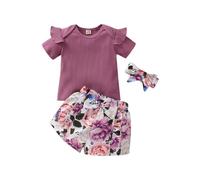 HEOXIN Ensemble pour Bébé Fille Nouveau-né Comprenant un Haut, un Short à Fleurs et un Bandeau à Nœud, Chemise Imprimée à Manches Courtes et Col Rond, Pantalon à Fleurs pour les 3 à 4 Ans, Violet