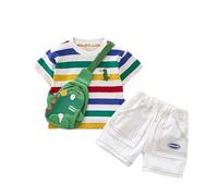 HEOXIN Ensemble pour Nouveau-né Garçon Haut à Rayures + Short + Sac à dos Dinosaure, T-shirt à Manches Courtes Dinosaure et Pantalon à Taille élastique pour les 1 à 2 Ans, Vert