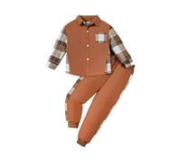 HEOXIN Ensemble Vêtement à Carreaux pour Garcon, Sweat-Shirt + Pantalon 2PCS, Chemise Boutonnés à Manches Longues avec Poche, Taille Elastique Pantalon de Jogging pour 11 à 12 Ans, Marron