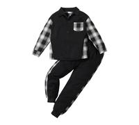 HEOXIN Ensemble Vêtement à Carreaux pour Garcon, Sweat-Shirt + Pantalon 2PCS, Chemise Boutonnés à Manches Longues avec Poche, Taille Elastique Pantalon de Jogging pour 6 à 7 Ans, Noir