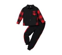 HEOXIN Ensemble Vêtement à Carreaux pour Garcon, Sweat-Shirt + Pantalon 2PCS, Chemise Boutonnés à Manches Longues avec Poche, Taille Elastique Pantalon de Jogging pour 6 à 7 Ans, Rouge