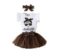 HEOXIN Ensemble vêtements bébé fille, Body courtes volants nœud papillon nouveau-né Jupe courte maille imprimée léopard taille bandeau boutons l'entrejambe tenue d'été petites marron 12-18 mois