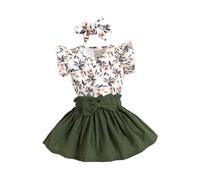 HEOXIN Ensemble vêtements bébé fille, Body courtes volants nœud papillon nouveau-né Jupe froufroutante taille imprimé bandeau boutons pression l'entrejambe tenue d'été petites vertes 6-9 mois