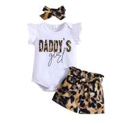 HEOXIN Ensemble vêtements bébé fille Vêtements nouveau-nés Body manches courtes volants Nœud papillon Short à taille élastique imprimé léopard Bandeau boutons-pression l'entrejambe marron 6-9 mois