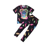 HEOXIN Ensemble vêtements filles, 2 pièces, pantalon à taille élastique imprimé camouflage, top à manches courtes la danse de rue, ensemble de vêtements d'été petites filles, noir, 8-9 ans