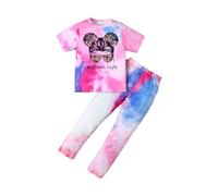 HEOXIN Ensemble vêtements filles, 2 pièces, pantalon à taille élastique imprimé camouflage, top à manches courtes la danse de rue, ensemble de vêtements d'été petites filles, violet, 8-9 ans