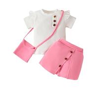 HEOXIN Ensembles de vêtements pour bébé fille, bord ruffle à manches courtes bouton décoration étirement pantalon tenue, sac croisé assorti, vêtements d'été pour filles, rose, 18-24 mois