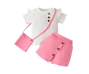 HEOXIN Ensembles de vêtements pour bébé fille, bord ruffle à manches courtes bouton décoration étirement pantalon tenue, sac croisé assorti, vêtements d'été pour filles, rose, 18-24 mois
