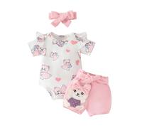 HEOXIN Ensembles de vêtements pour bébé fille, manches courtes bouton pression entrejambe col rond caricature ours amour cœur étirement short nœud ruban bandeau vêtements d'été ensembles 6-9 Mois