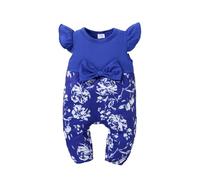 HEOXIN Nouveau-né Bébé Fille Florale Barboteuse, Volant Combinaison avec Nœud, Body à Manches Courtes Une Pièce Vêtements avec Ceinture élastique pour Garçon Fille Unisexe 12 Mois-18 Mois, Bleu