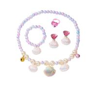 HEOXIN Parure de bijoux en coquillage, collier boucle d'oreille bracelet bague, cordon élastiqué en coquillage, ajustable, parure de bijoux pour petite fille, cadeau d'anniversaire princesse, rose