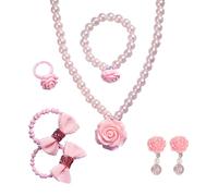 HEOXIN Parure Rose pour Fille, Collier Boucle d'oreille Bracelet Bague Fleur de Rose, Cordon élastique en perle, Ajustable, Parure pour Petite Fille Princesse, Cadeau d'Anniversaire