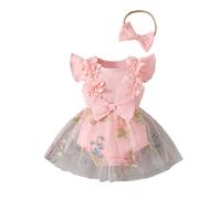 HEOXIN Robe Barboteuse Bébé Fille, Robe Tulle Broderie 3D avec Volants sans Manches Motif Fleur + Bandeau à Nœud, Vêtements d'été Automne pour Nouveau-nés et Bébés Filles, Rose 12-18 Mois