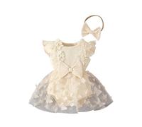 HEOXIN Robe Barboteuse Bébé Fille, Robe Tulle Broderie 3D avec Volants sans Manches Motif Papillon + Bandeau à Nœud, Vêtements d'été Automne pour Nouveau-nés et Bébés Filles, Beige 9-12 Mois