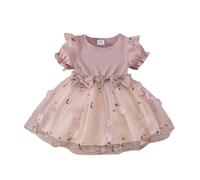 HEOXIN Robe Bébé Fille Nouveauné, Robe à Manches Courtes en Tulle Broderie Fleurs à Volants avec Nœud, Robe Rose Automne Tenues dete pour Prince Bébé Fille pour Anniversaire, Rose, 9-12 Mois
