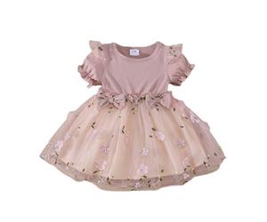 HEOXIN Robe Bébé Fille Nouveauné, Robe à Manches Courtes en Tulle Broderie Fleurs à Volants avec Nœud, Robe Rose Automne Tenues dete pour Prince Bébé Fille pour Anniversaire, Rose, 6-9 Mois