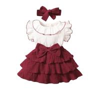 HEOXIN Robe Bébé Fille, Robe Bébé Froufroutante à Manches Volantes avec Gros Nœud Papillon et Bandeau à Nœud Papillon Vêtements Bebe Fille, Robe Rouge pour Les Enfants, 6-9 Mois