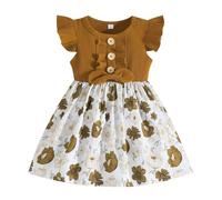 HEOXIN Robe Bébé Fille, Robe Bébé pour Fille à Manches Volantes Boutons Décoratifs, col Rond Fleuri et Froufroutant de Couleur Marron Robe en Tricot Côtelé Vetement Bebe, 3-4 Ans