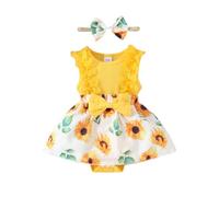 HEOXIN Robe Bébé Fille, Robe Bébé sans Manches en Dentelle à Encolure Ronde avec Gros Nœuds Tournesol et Bandeau pour Bébé, Vetement Bebe Fille Robe Jaune à Froufrous Filles, 9-12 Mois