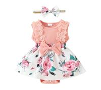 HEOXIN Robe Bébé Fille, Robe Bébé sans Manches en Dentelle avec Boutons à l'entrejambe et Gros Nœuds à l'encolure Ronde, avec Bandeau Vetement Bebe Fille Robes à Froufrous Roses Filles, 3-6 Mois