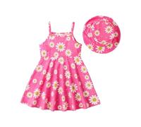 HEOXIN Robe bébé Fille, Vêtements Nouveau-nés imprimé Fleur Marguerite Ensemble Bretelles, col Rond, Chapeau Assorti, Robes Froufrous l'été, Petites Filles, Rose, 6-9 Mois