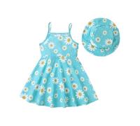 HEOXIN Robe bébé Fille, Vêtements Nouveau-nés imprimé Fleur Marguerite Ensemble Bretelles, col Rond, Chapeau Assorti, Robes Froufrous l'été, Petites Filles, Bleu, 18-24 Mois