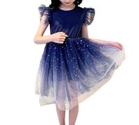 HEOXIN Robe D'été en Tulle Dégradé pour Filles, Robe de Princesse Bouffante à Manches Volantées, Robes Balançoire à Col Rond d'anniversaire de Holiay pour Les Enfants de 6 à 7 Ans, Bleu