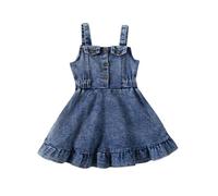 HEOXIN Robe en Jean à Boutons pour Nouveau-nées, Robe Princesse sans Manches à Bretelles pour Bébés avec Ourlet en A pour Les Fêtes d'anniversaire 3 à 4 Ans, Bleue