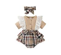 HEOXIN Robe pour bébé fille Bord en dentelle Manches courtes Bouton pression Motif à carreaux Col rond Nœud papillon Bandeau Grenouillère Ensemble de vêtements Kaki 6-9 mois