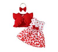 HEOXIN Robe pour bébé Fille, Cardigan sans Manches à Volants et col Rond avec nœud et Bandeau pour Nouveau-né, Robe d'été Petites Filles, Rouge, 18-24 Mois