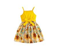HEOXIN Robe Princesse été Tournesol pour Filles, Robe sans Manches à Bretelles et Nœud Papillon pour Petites Filles Imprimé Floral pour Enfants 3-4 Ans, Jaune