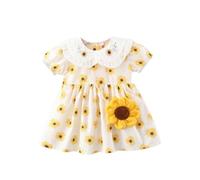 HEOXIN Robe Princesse été Tournesol pour Petite Fille, Robe Trapèze à Manches Courtes Boutonnée avec Imprimé Floral et col Claudine + Sac Tournesol pour 2 Ans à 3 Ans, Jaune