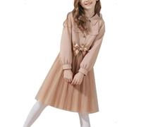 HEOXIN Robe Princesse Fille, Robe Ceremonie Fille à Col Revers et Boutons avec Ceinture, Robes Élégante Filles Manche Longue Enfants de fête pour Poche Décorative, Camel, 6-7 Ans