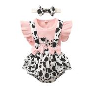 HEOXIN Vêtements Bébé Fille, Ensemble de Vêtements pour Bébé à Manches Courtes avec Bordures à Volants, New Born Baby Girl à Bretelles Extensibles avec Boutons, Imprimé Vache, Rose, 3-6 Mois