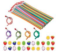 Heqishun Kit de 25Pcs Crayon Flexible + 24Pcs Gommes à fruits Crayons Pliable Rigolos Coloré pour Fête d'Enfants, Cadeau pour les Anniversaire Enfants, Remplissage de Sacs de Fête pour Enfants