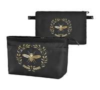Héraldique brodée avec abeille dorée jaune sur noir foncé pour femme sac à main de rangement cosmétique porte-monnaie portable, trousse de maquillage, sac à main organisateur de sac à main, grande