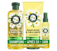 Herbal Essences Smoothness & Shine Routine Camomille Avec 250ml Shampooing, 200ml Conditioner Et 145ml Spray Léger Tout-en-un, Cheveux Bouclés et Ternes Plus Flexible et Brillant.