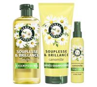 Herbal Essences Smoothness & Shine Routine Camomille Avec 250ml Shampooing, 200ml Conditioner Et 145ml Spray Léger Tout-en-un, Cheveux Bouclés et Ternes Plus Flexible et Brillant.