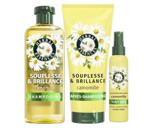 Herbal Essences Smoothness & Shine Routine Camomille Avec 250ml Shampooing, 200ml Conditioner Et 145ml Spray Léger Tout-en-un, Cheveux Bouclés et Ternes Plus Flexible et Brillant.