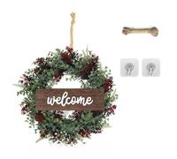 Herbe persane artificielle en plastique - Couronne de bienvenue en plastique - 18 cm - Plaque décorative en acacia blanc/rouge pour décoration d'intérieur (rouge)