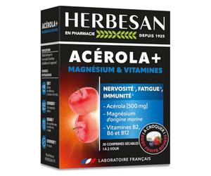 HERBESAN®- Complexe Acérola, Magnésium,Vitamine B2, B6, B12 -Réduction de la fatigue - 30 comprimés à croquer