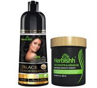Herbishh Black 3 In 1 Hair Dye Shampoo 16.9 Fl Oz & Argan Oil Mask 28.2 Fl Oz Combo - Champu Para Canas Mujer - Hair Dye Shampoo for Men & Women - Hair Mask For Moisturizer Dry, Damaged Hair