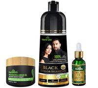 Herbishh Black Hair Dye Shampoo 200ml + Argan Oil 30ml + Argan Hair Mask 150ml - Complete Grey Coverage & Hair Repair System