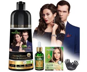 Herbishh Chestnut Brown Hair Dye Shampoo 200ml + Argan Oil 30ml - Grey Coverage & Frizz Control Combo - 3-in-1 Color, Cleanse & Repair