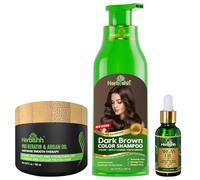 Herbishh Dark Brown Hair Dye Shampoo 3 In 1- Color Shampoo For Gray Hair Coverage 500 ML, Argan Oil & Pro Keratin Deep Conditioning Hair Mask 150gm and Ginger Essential Oil Serum For Hair Growth 30ml
