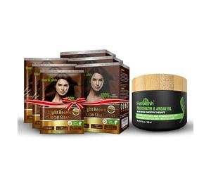 Herbishh Shampooing colorant pour cheveux 3 boîtes de voyage + 1 masque capillaire à la pro-kératine et à l'argan pour un conditionnement et une hydratation en profondeur (marron clair)