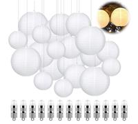 Herbst Lot de 30 lanternes en papier blanc - Rondes à suspendre - Avec 30 mini ballons LED blanc chaud - Abat-jour côtelé classique - Pour décoration de jardin de mariage - Diamètre : 15 cm, 20 cm, 25